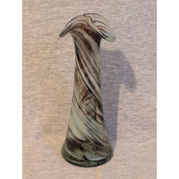 Vintage 1970s Hand Blown Swirl Ribbon Glass Vase Brown White 6.5" t x 2.5" dia - Picture 2 of 9